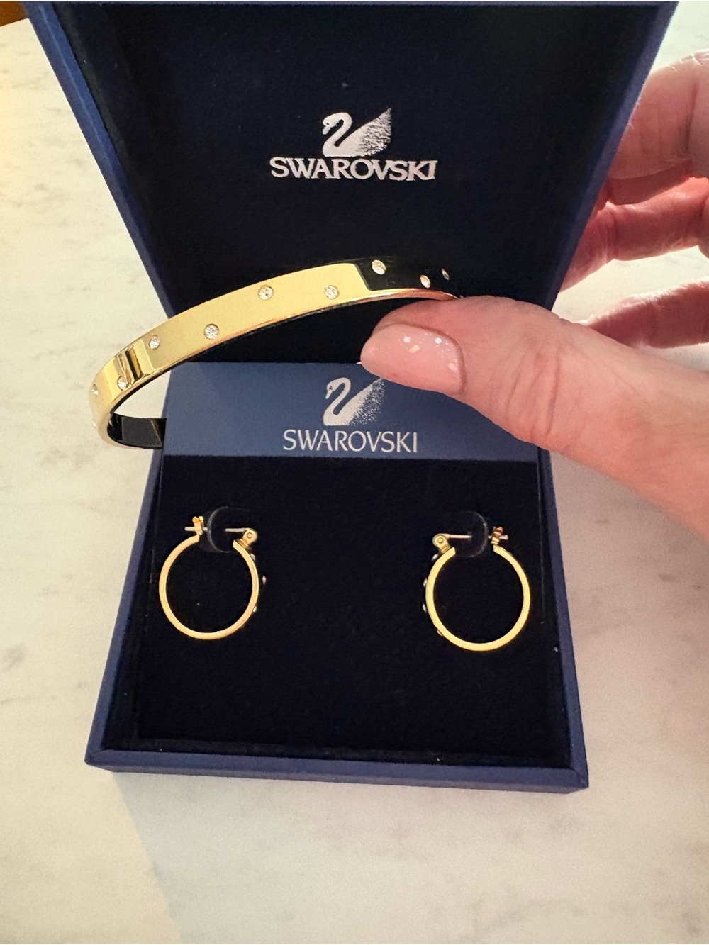 Swarovski Gold with Crystal Accent Bangle & Hoop Earring Set Like New